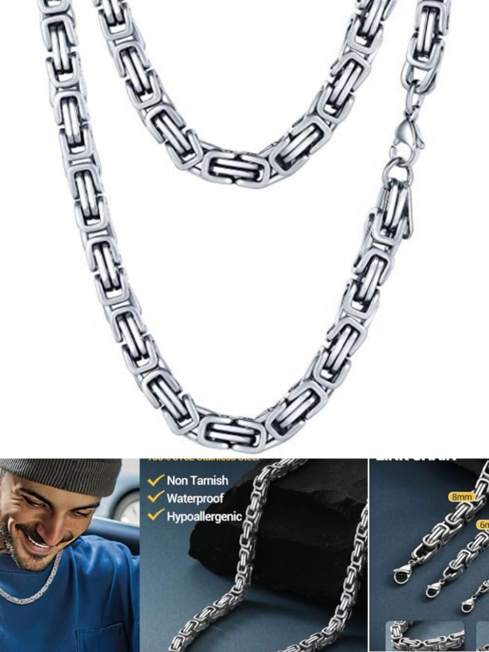Stainless Steel Byzantine Chain Necklace 22in Lobster Clasp Men's Jewelry